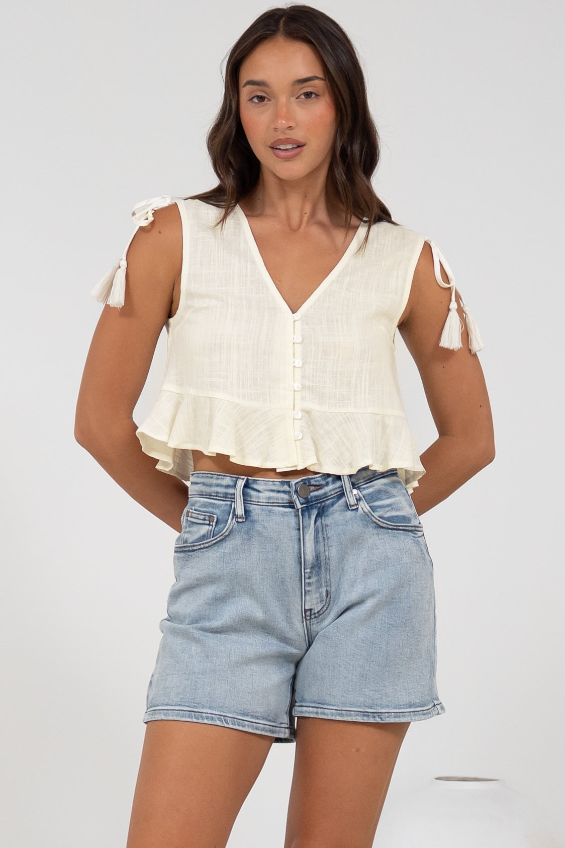 Ashtann Top - V-Neck Buttoned Down Top with Peplum Hem in White
