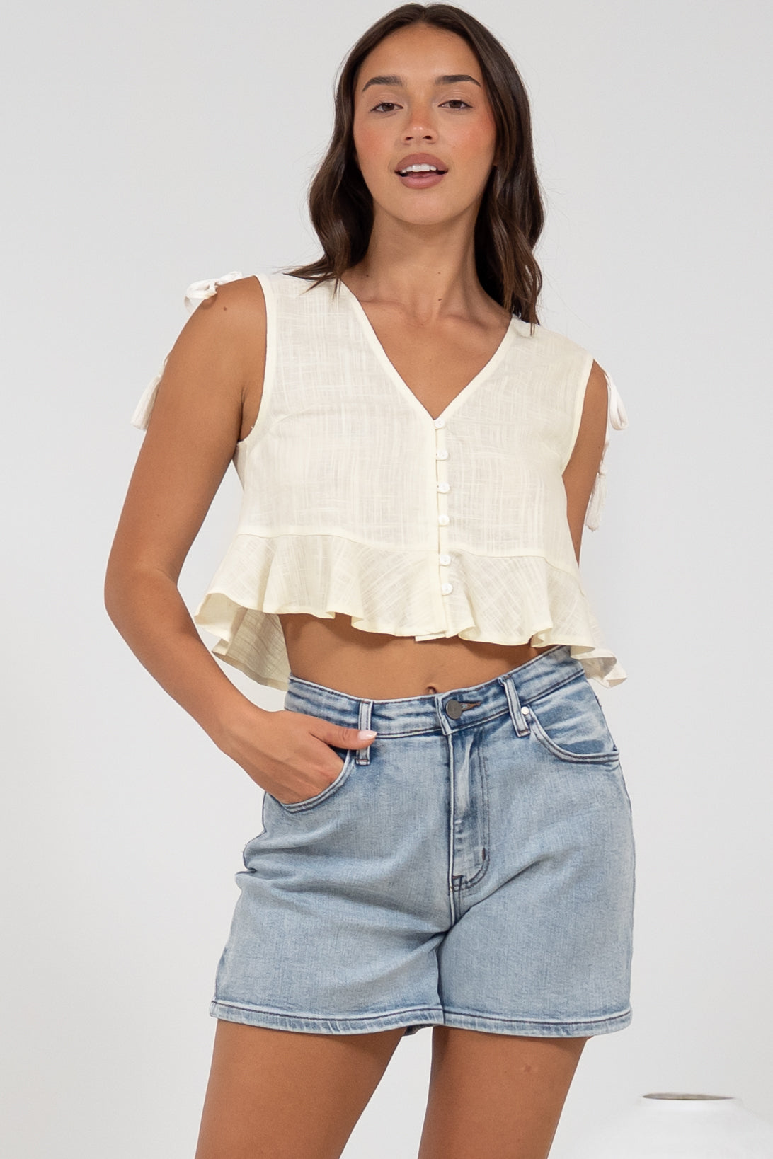 Ashtann Top - V-Neck Buttoned Down Top with Peplum Hem in White