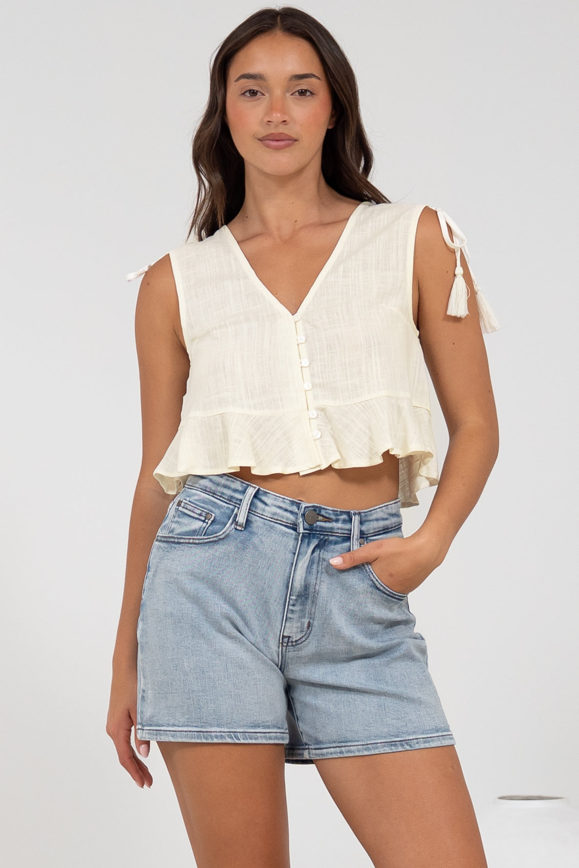 Ashtann Top - V-Neck Buttoned Down Top with Peplum Hem in White