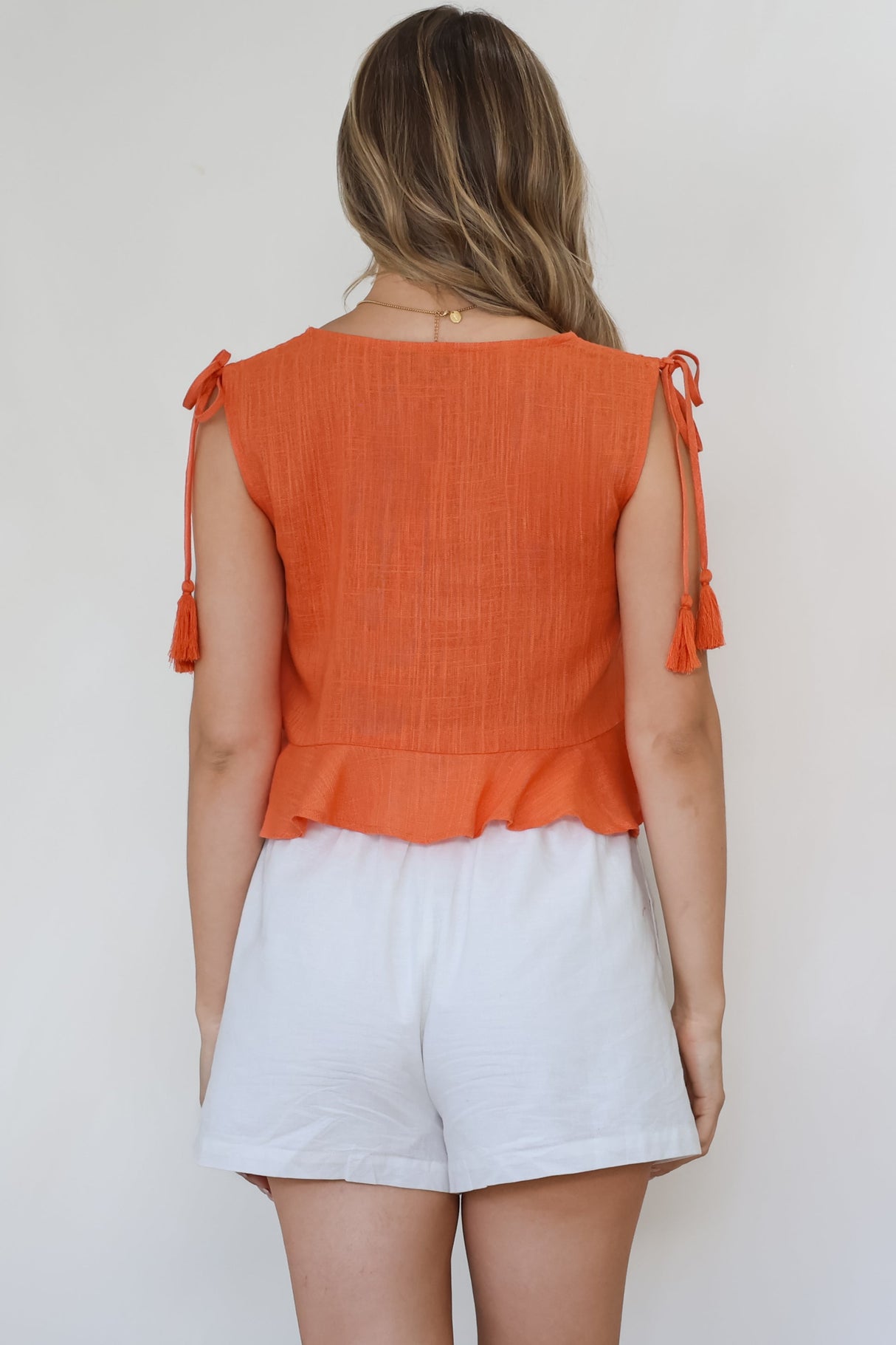 Ashtann Top - V-Neck Buttoned Down Top with Peplum Hem in Orange