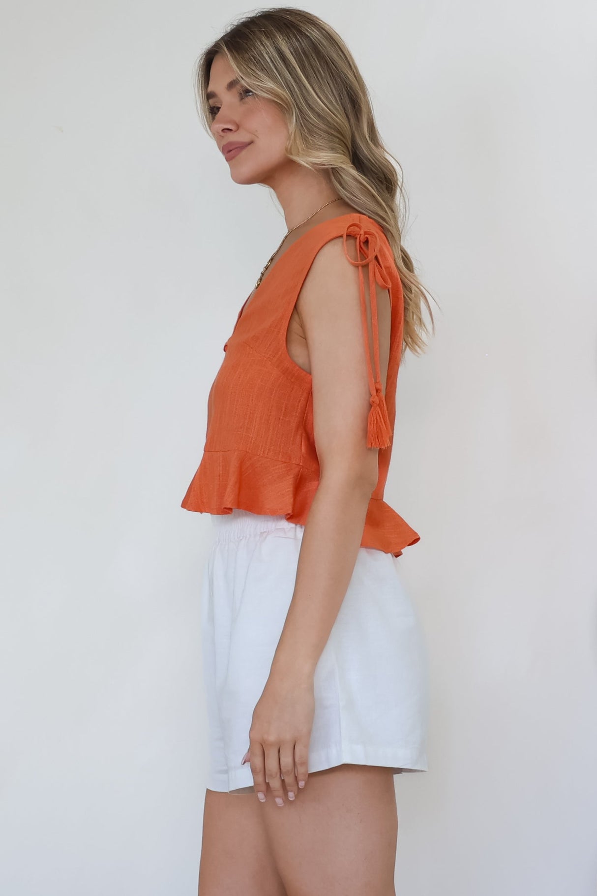 Ashtann Top - V-Neck Buttoned Down Top with Peplum Hem in Orange