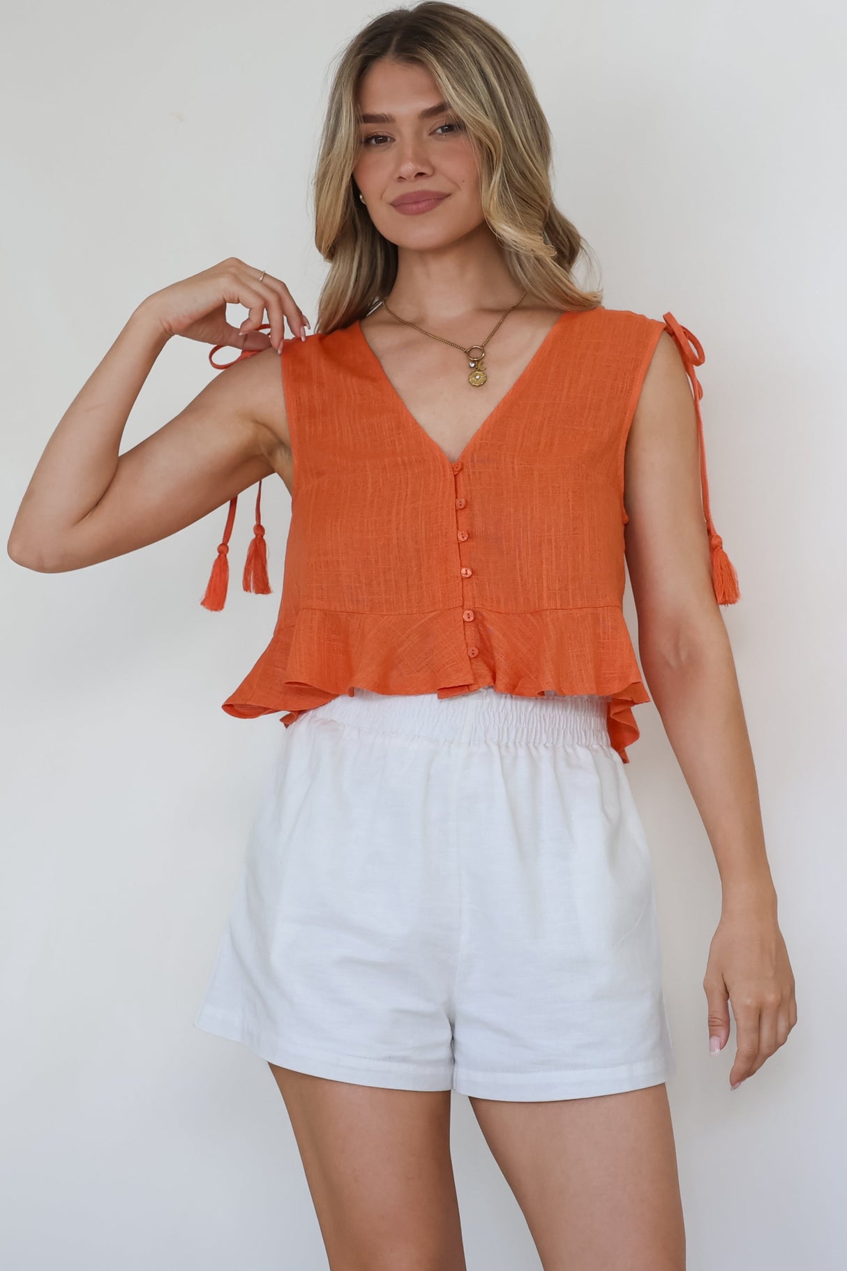 Ashtann Top - V-Neck Buttoned Down Top with Peplum Hem in Orange