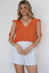 Ashtann Top - V-Neck Buttoned Down Top with Peplum Hem in Orange