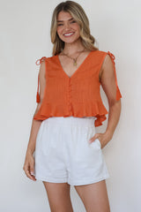 Ashtann Top - V-Neck Buttoned Down Top with Peplum Hem in Orange