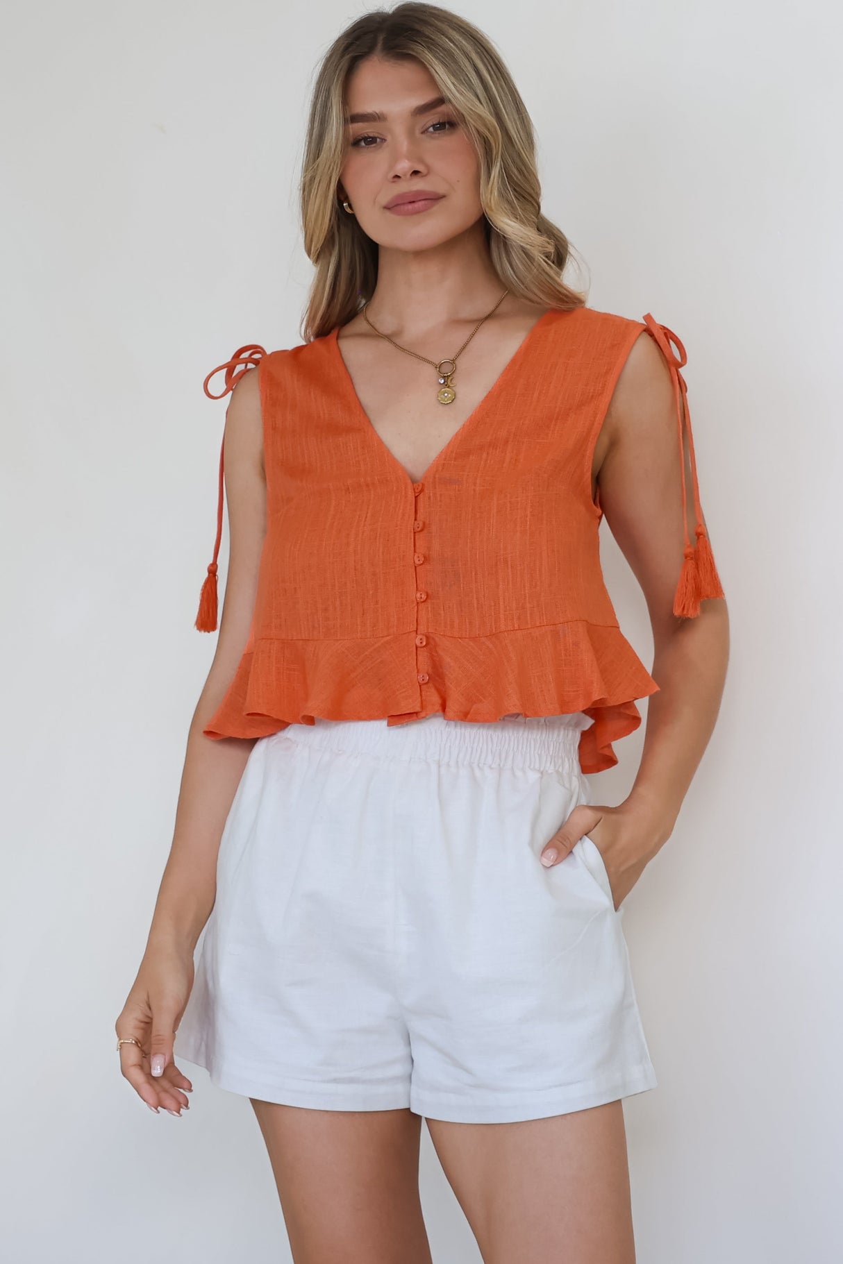 Ashtann Top - V-Neck Buttoned Down Top with Peplum Hem in Orange