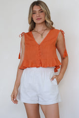 Ashtann Top - V-Neck Buttoned Down Top with Peplum Hem in Orange