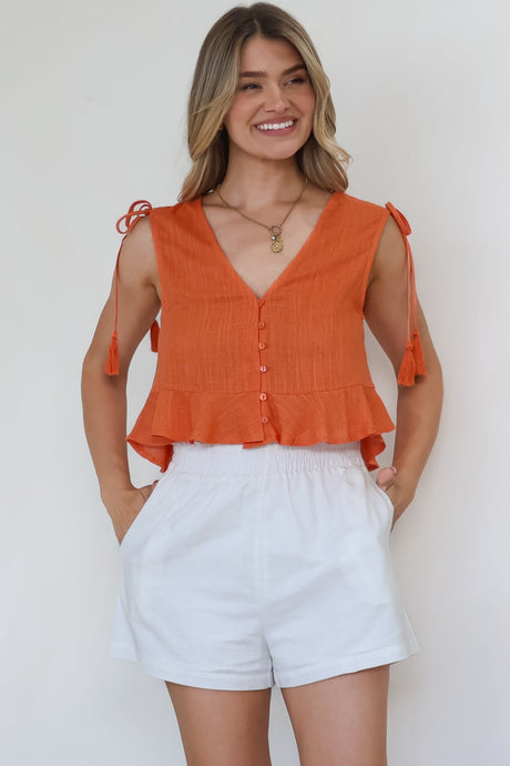 Ashtann Top - V-Neck Buttoned Down Top with Peplum Hem in Orange