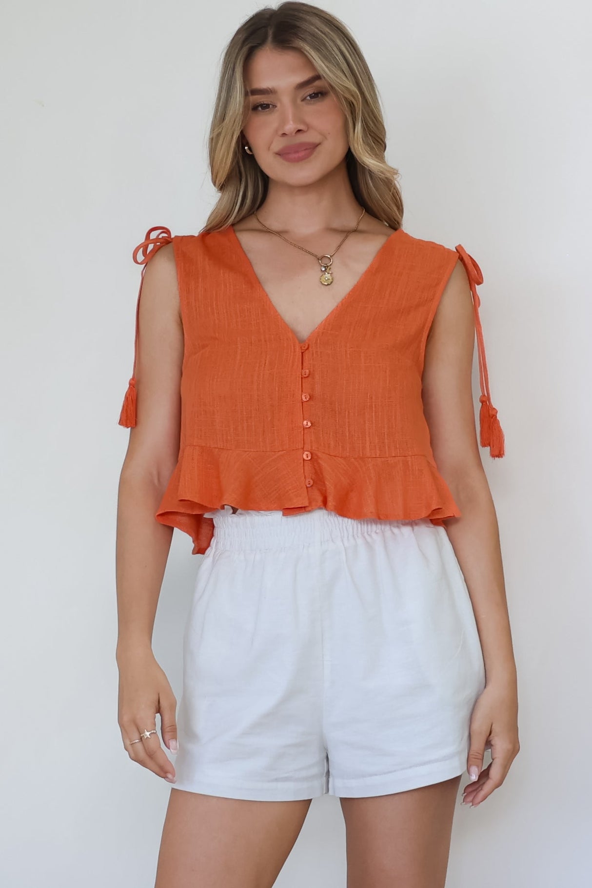 Ashtann Top - V-Neck Buttoned Down Top with Peplum Hem in Orange