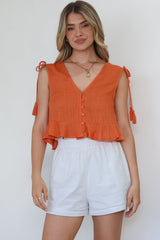 Ashtann Top - V-Neck Buttoned Down Top with Peplum Hem in Orange