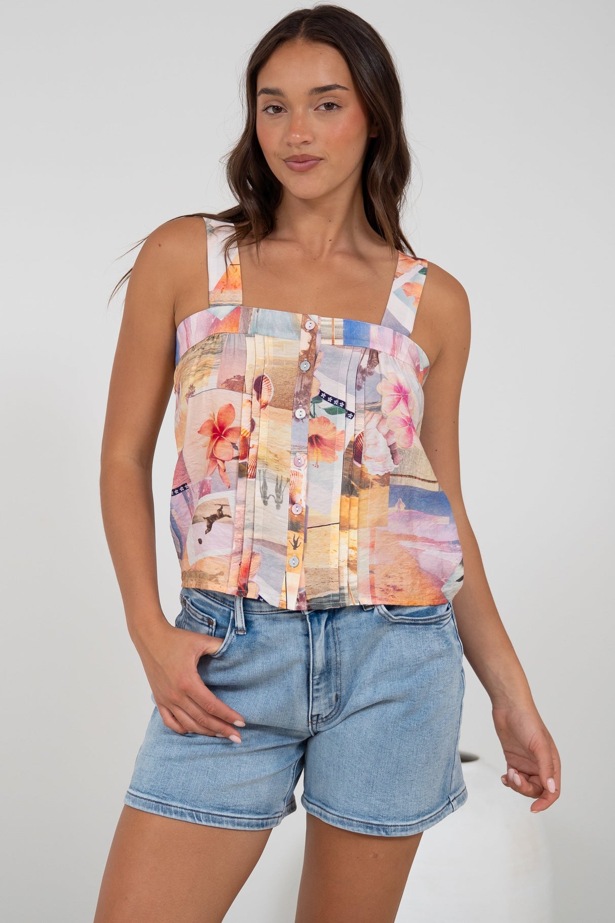 Aspa Top - Thick Adjustable Strap Button Front Crop in Ailani Print
