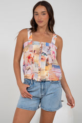 Aspa Top - Thick Adjustable Strap Button Front Crop in Ailani Print