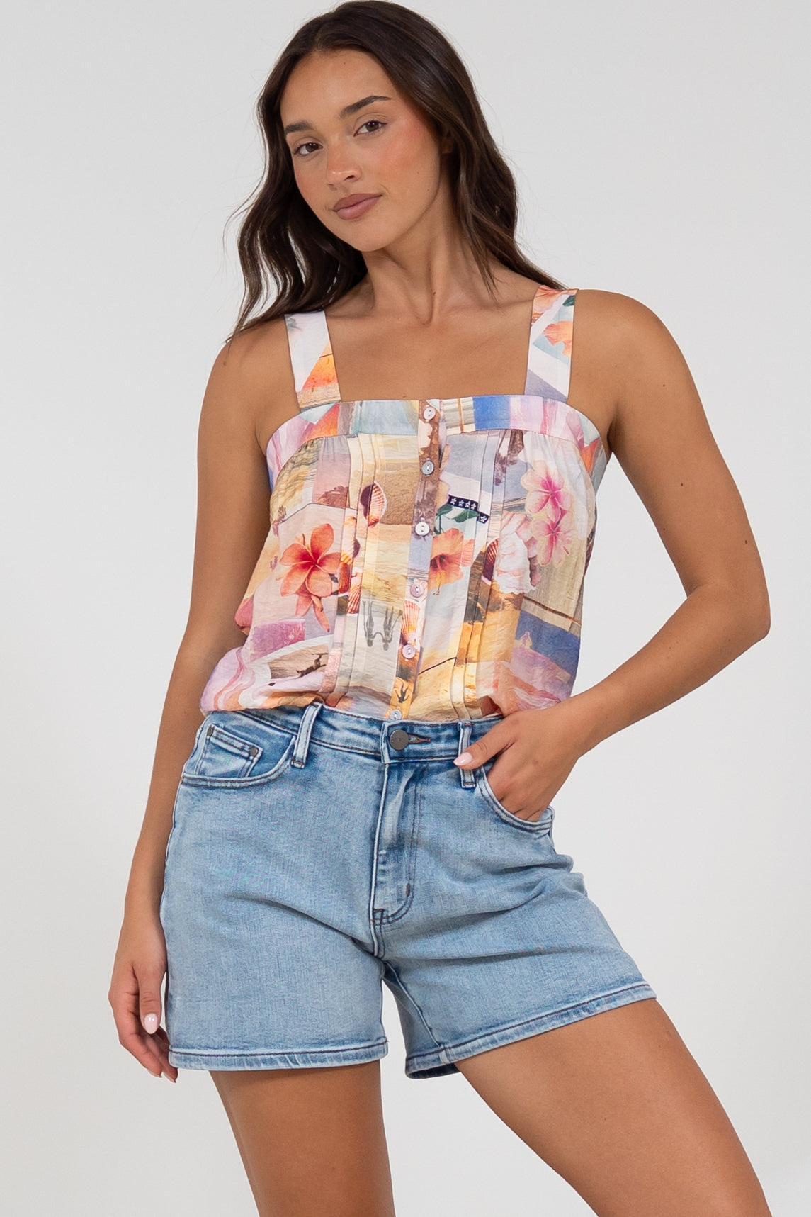 Aspa Top - Thick Adjustable Strap Button Front Crop in Ailani Print