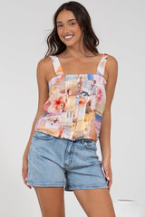Aspa Top - Thick Adjustable Strap Button Front Crop in Ailani Print