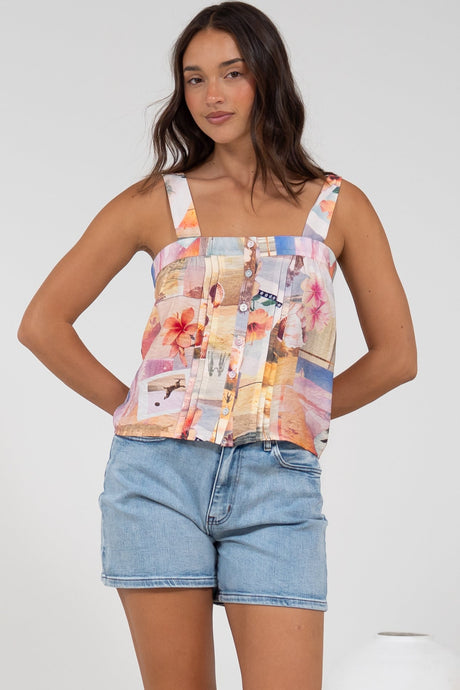 Aspa Top - Thick Adjustable Strap Button Front Crop in Ailani Print