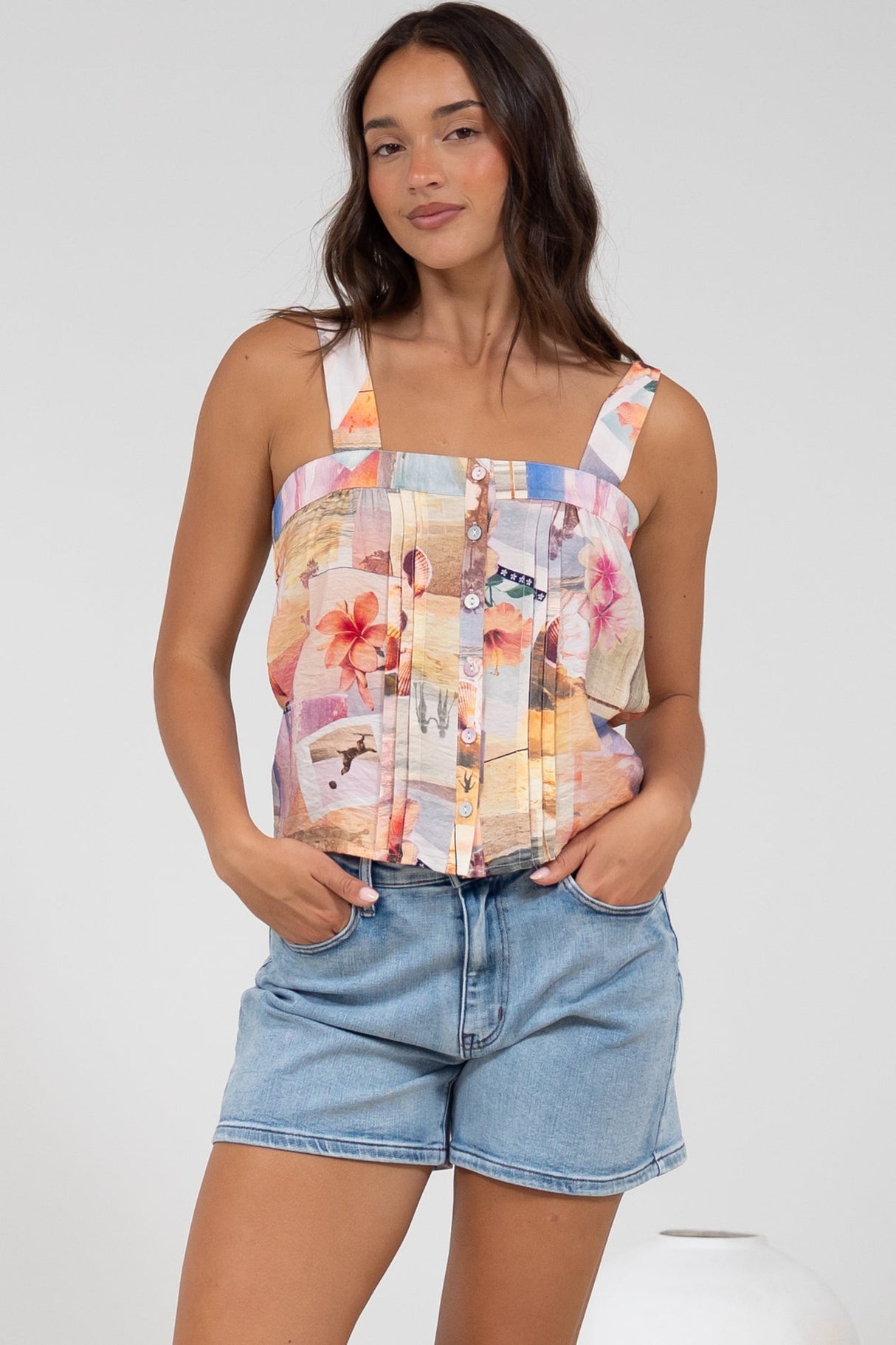 Aspa Top - Thick Adjustable Strap Button Front Crop in Ailani Print