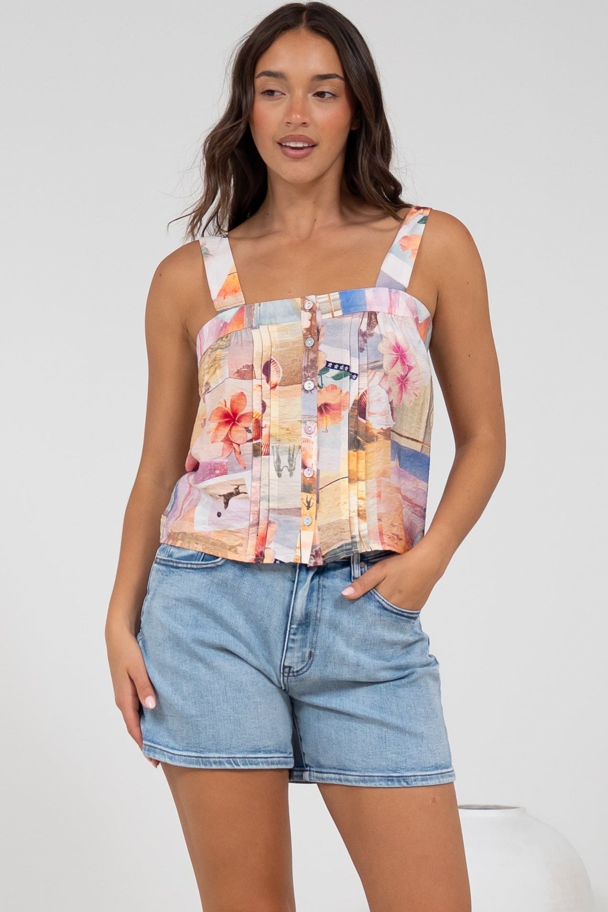Aspa Top - Thick Adjustable Strap Button Front Crop in Ailani Print