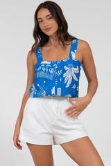 Aspa Top - Thick Adjustable Strap Button Front Crop in Aurie Print