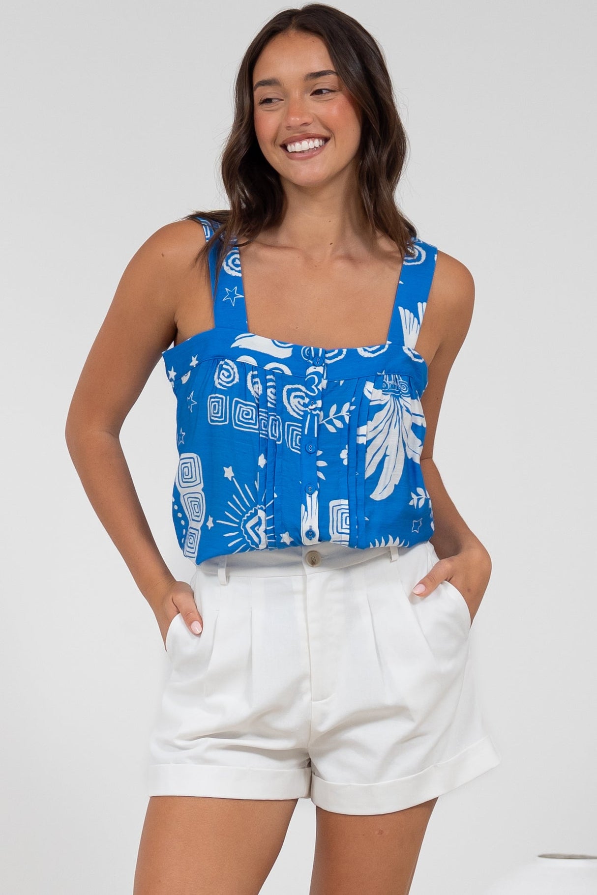 Aspa Top - Thick Adjustable Strap Button Front Crop in Aurie Print