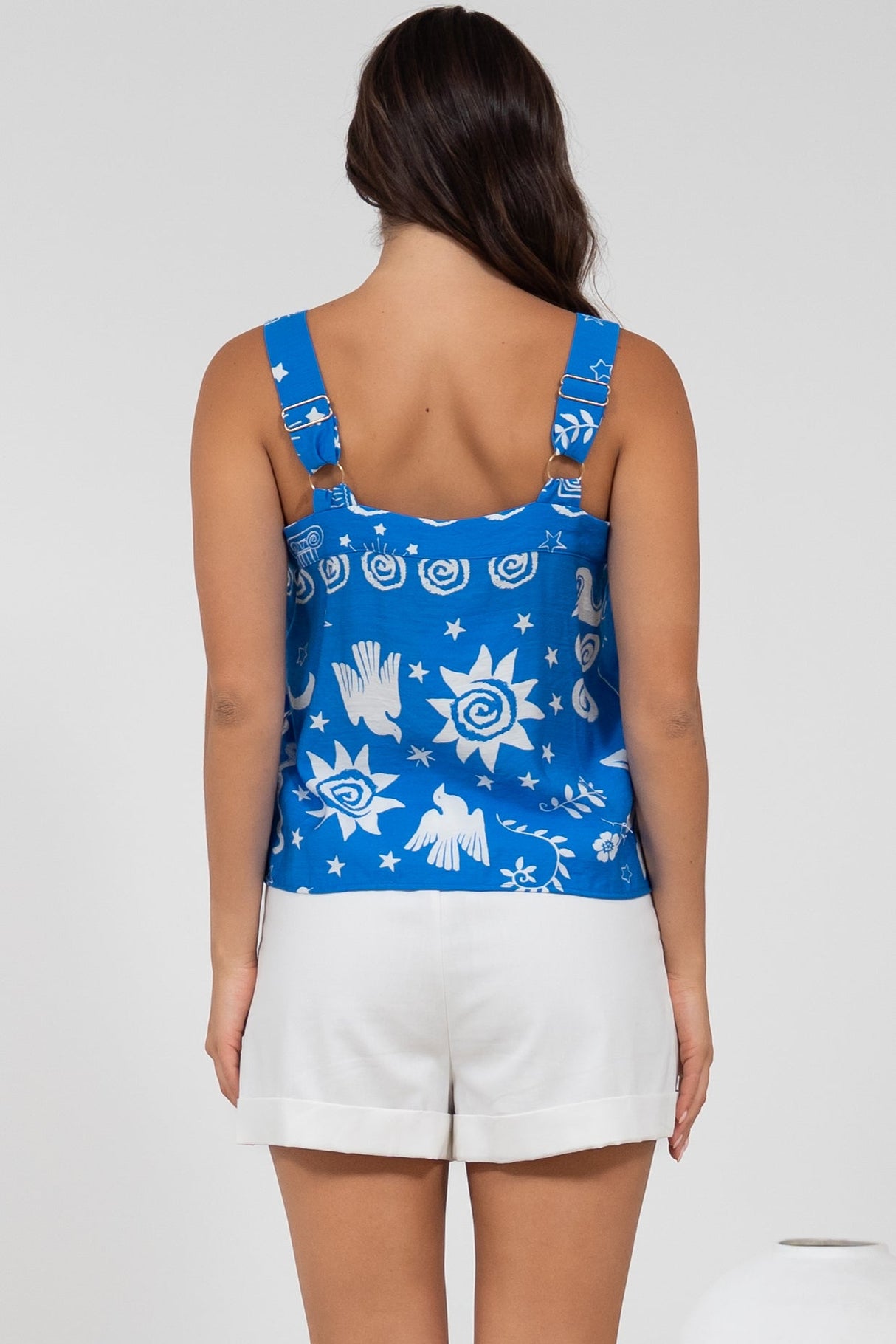 Aspa Top - Thick Adjustable Strap Button Front Crop in Aurie Print