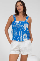 Aspa Top - Thick Adjustable Strap Button Front Crop in Aurie Print