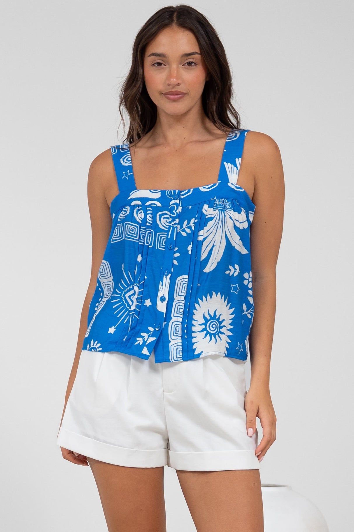 Aspa Top - Thick Adjustable Strap Button Front Crop in Aurie Print