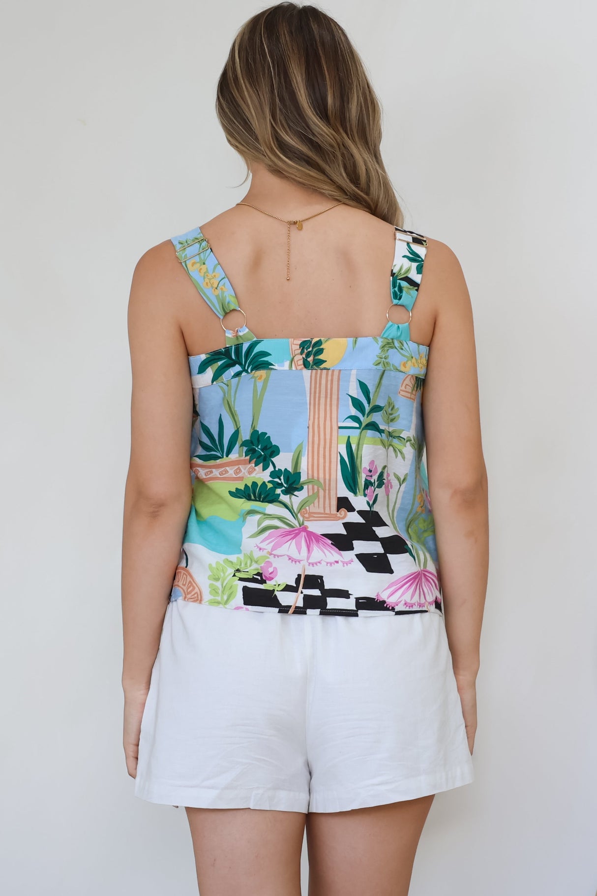 Aspa Top - Thick Adjustable Strap Button Front Crop in Melora Print