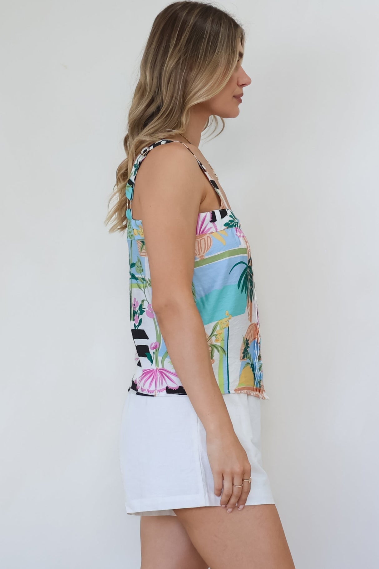 Aspa Top - Thick Adjustable Strap Button Front Crop in Melora Print