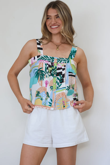 Aspa Top - Thick Adjustable Strap Button Front Crop in Melora Print