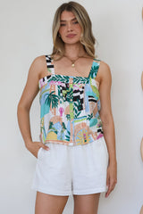 Aspa Top - Thick Adjustable Strap Button Front Crop in Melora Print