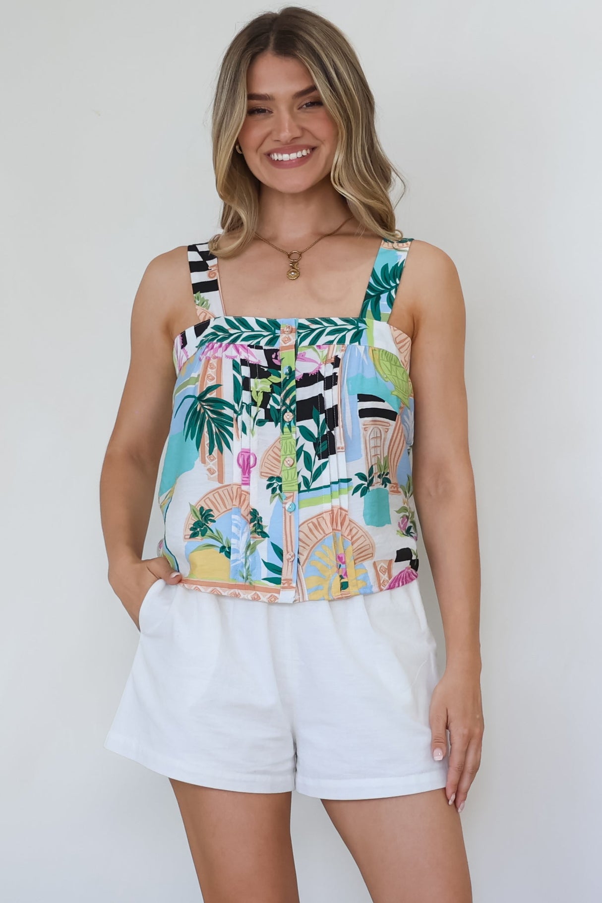 Aspa Top - Thick Adjustable Strap Button Front Crop in Melora Print