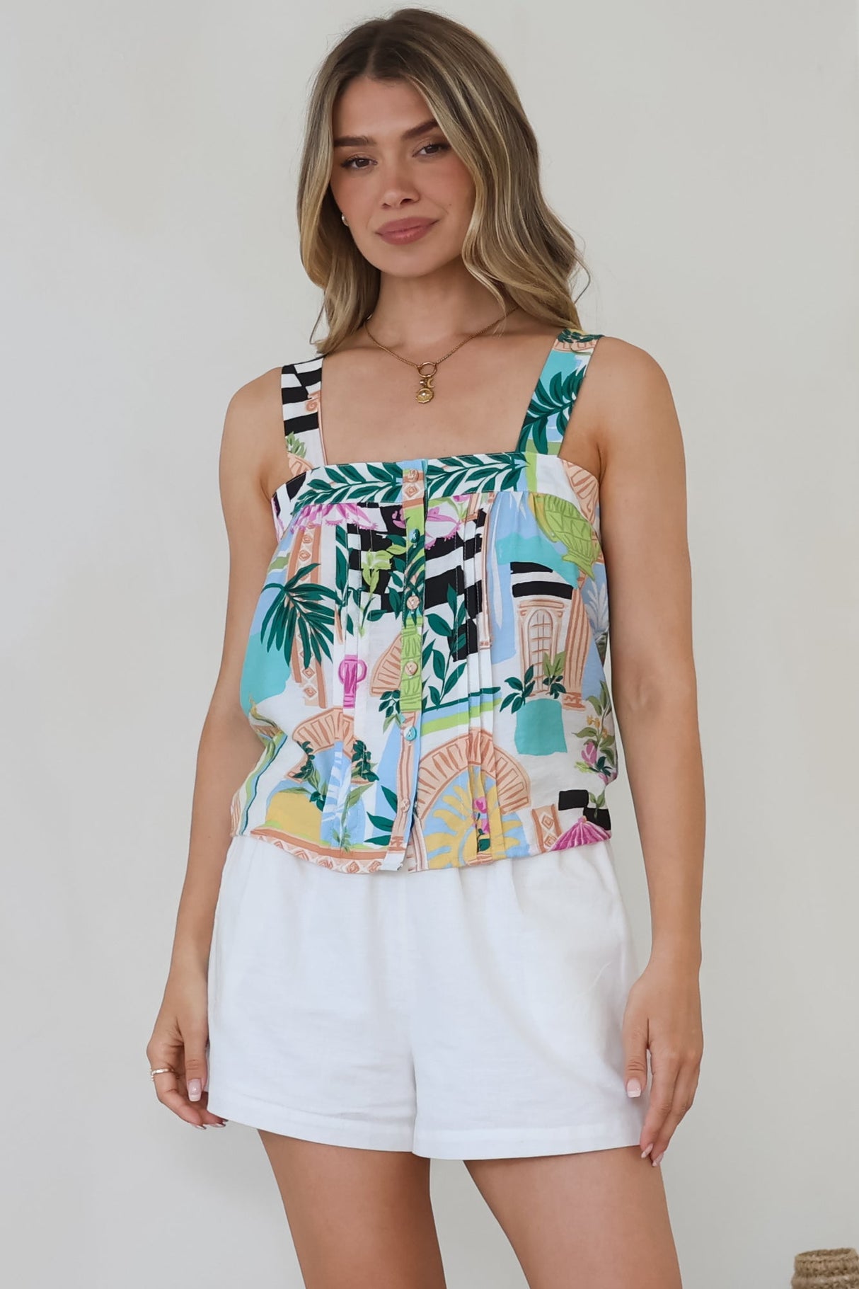 Aspa Top - Thick Adjustable Strap Button Front Crop in Melora Print