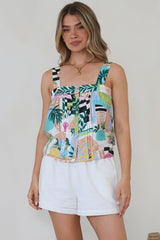 Aspa Top - Thick Adjustable Strap Button Front Crop in Melora Print