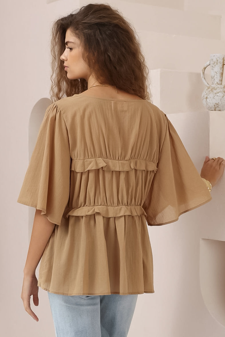 Aspen Top - Cotton Front Tie Up Top with Frill Splicing in Camel