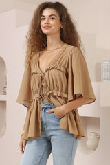 Aspen Top - Cotton Front Tie Up Top with Frill Splicing in Camel