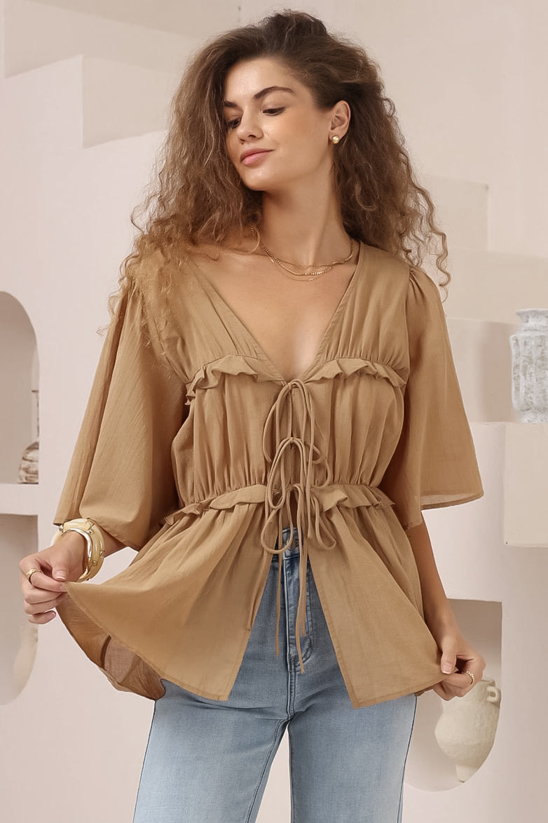 Aspen Top - Cotton Front Tie Up Top with Frill Splicing in Camel
