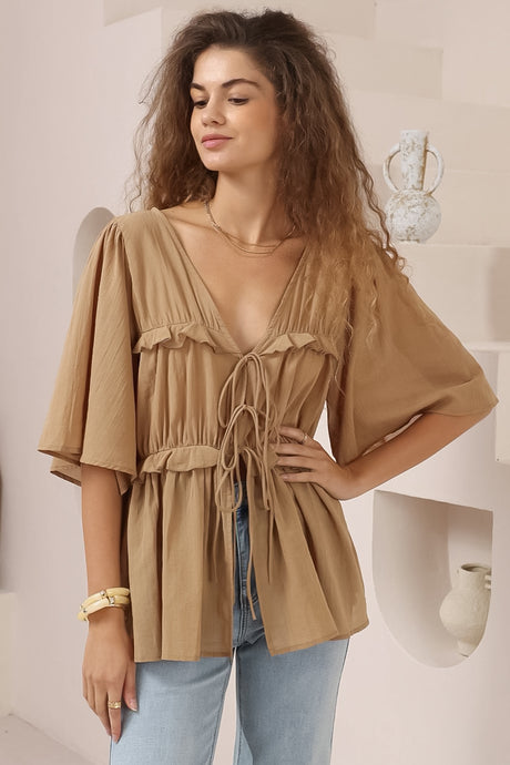 Aspen Top - Cotton Front Tie Up Top with Frill Splicing in Camel