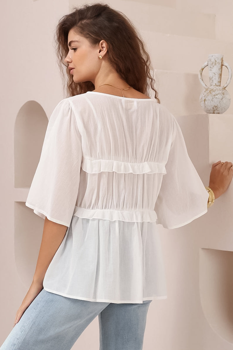 Aspen Top - Cotton Front Tie Up Top with Frill Splicing in White