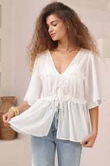 Aspen Top - Cotton Front Tie Up Top with Frill Splicing in White