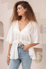 Aspen Top - Cotton Front Tie Up Top with Frill Splicing in White