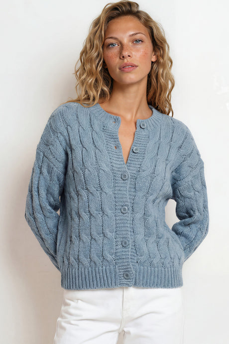 Model wearing Aspen Cardigan in Blue from Salty Crush
