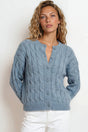 Model wearing Aspen Cardigan in Blue from Salty Crush
