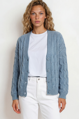 Model wearing Aspen Cardigan in Blue from Salty Crush
