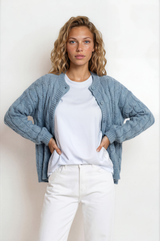 Model wearing Aspen Cardigan in Blue from Salty Crush
