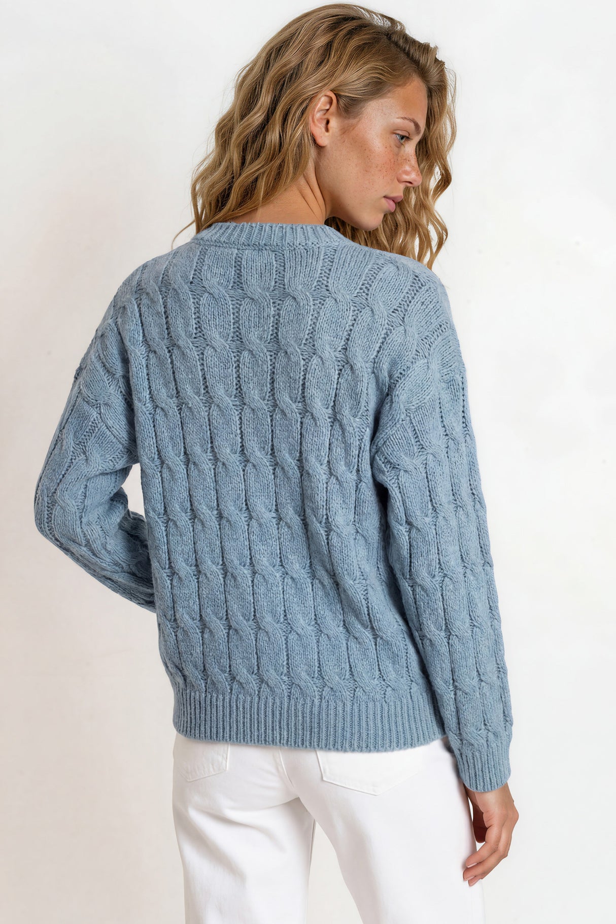 Model wearing Aspen Cardigan in Blue from Salty Crush
