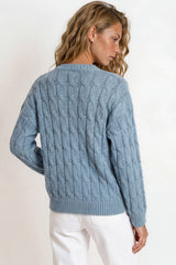 Model wearing Aspen Cardigan in Blue from Salty Crush
