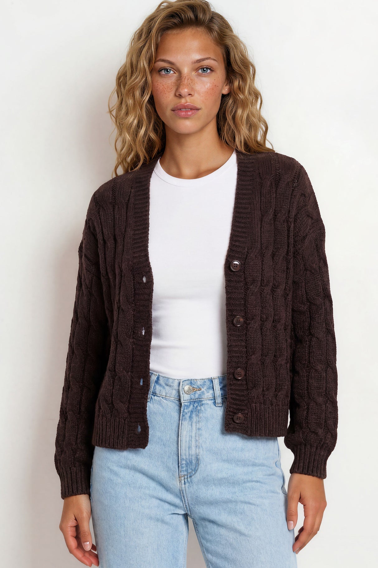 Model wearing Aspen Cardigan in Coffee from Salty Crush