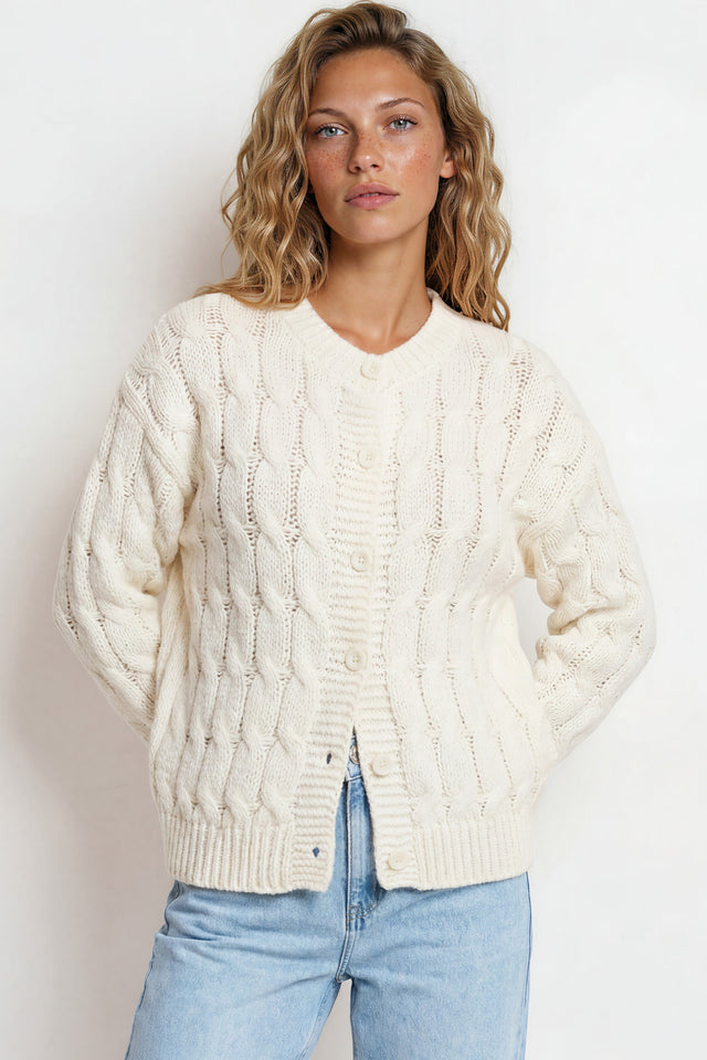 Model wearing Aspen Cardigan in Cream from Salty Crush