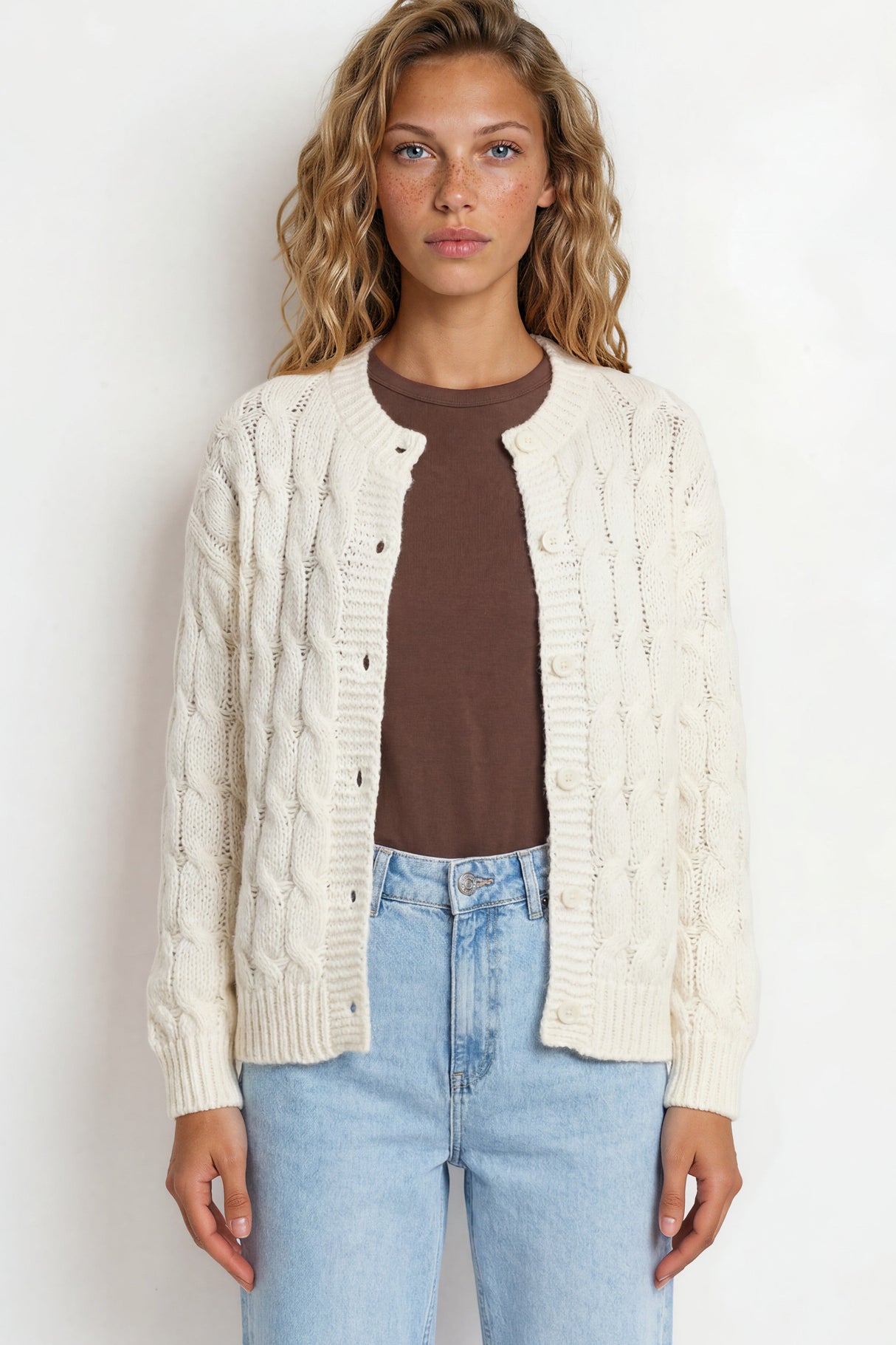 Model wearing Aspen Cardigan in Cream from Salty Crush