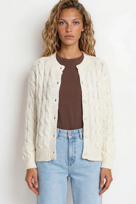 Model wearing Aspen Cardigan in Cream from Salty Crush