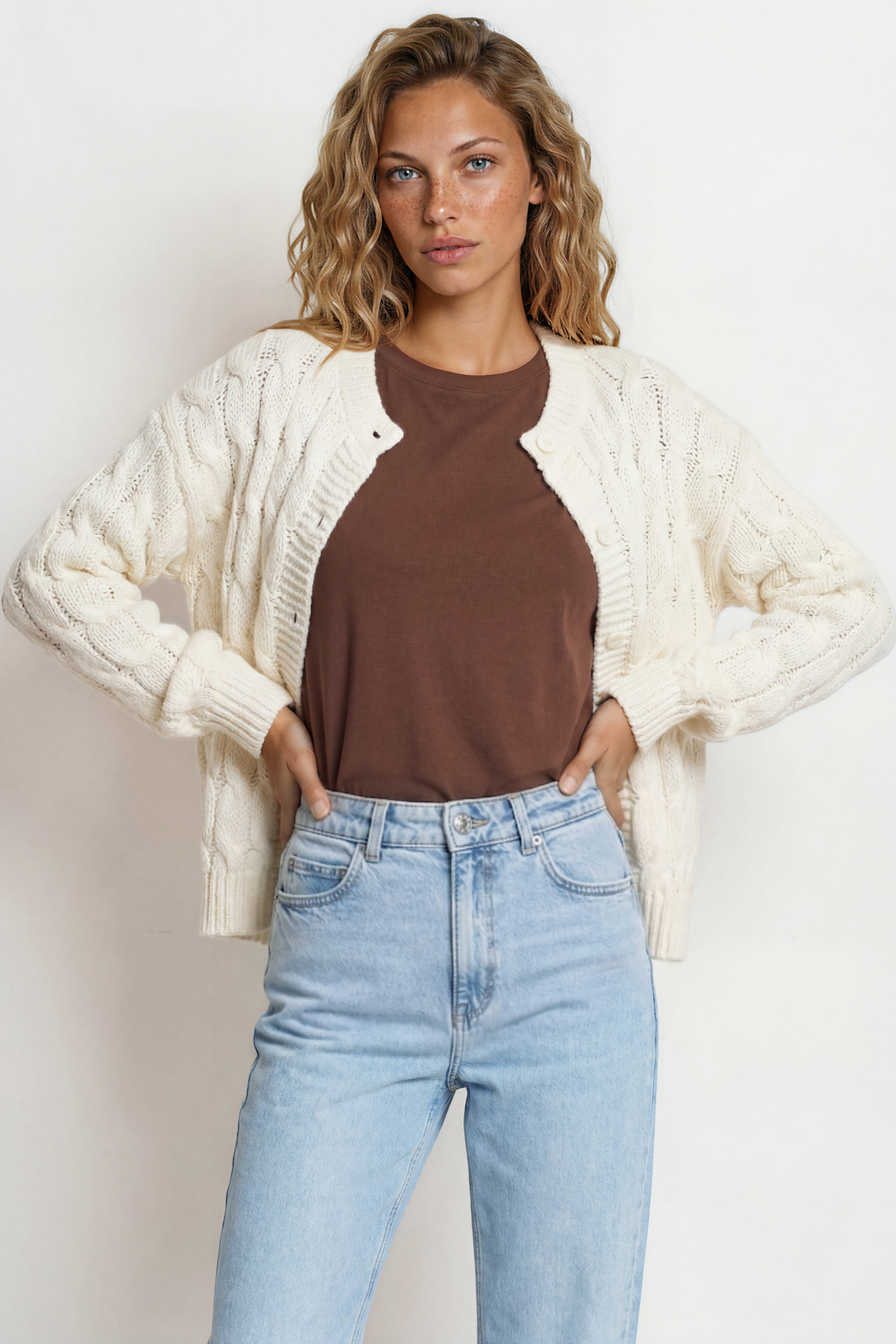 Model wearing Aspen Cardigan in Cream from Salty Crush